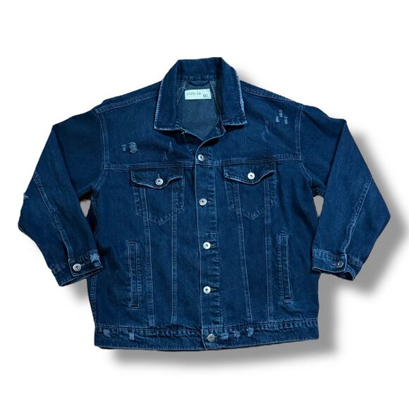 Pistola Premium Denim Jacket Mens Dark Wash Blue Distressed Trucker Retro Sz M/L - Picture 2 of 7